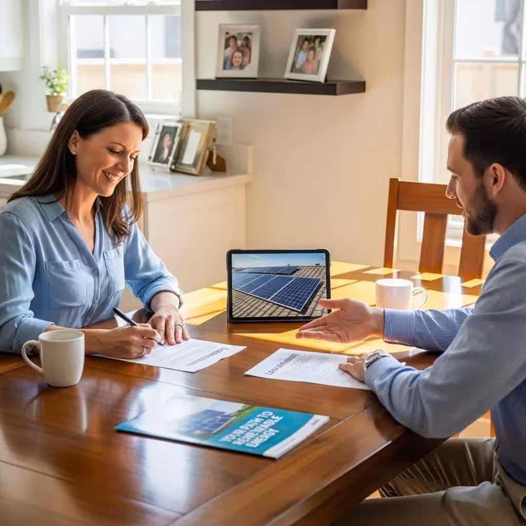 Woman signing documents while discussing solar panel options with a man, tablet displaying solar panels, coffee mugs, and informational materials on a wooden table.