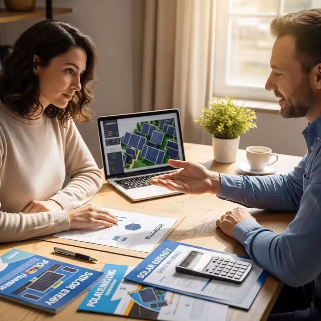 Homeowner discussing solar financing options with a consultant in a cozy home office, surrounded by solar energy materials and a laptop displaying solar panels.