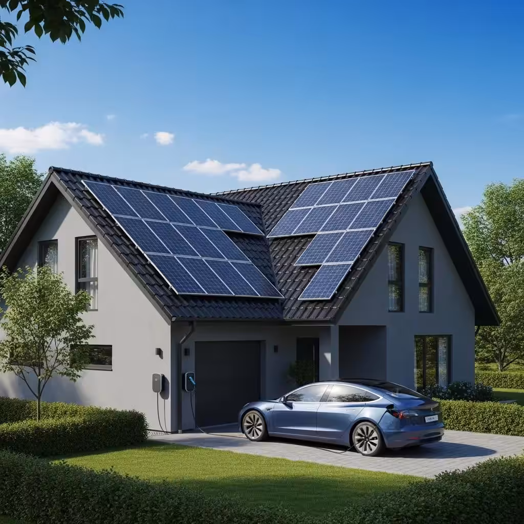 Solar panel array on a home roof with electric vehicle charging station, showcasing energy efficiency and sustainable living.