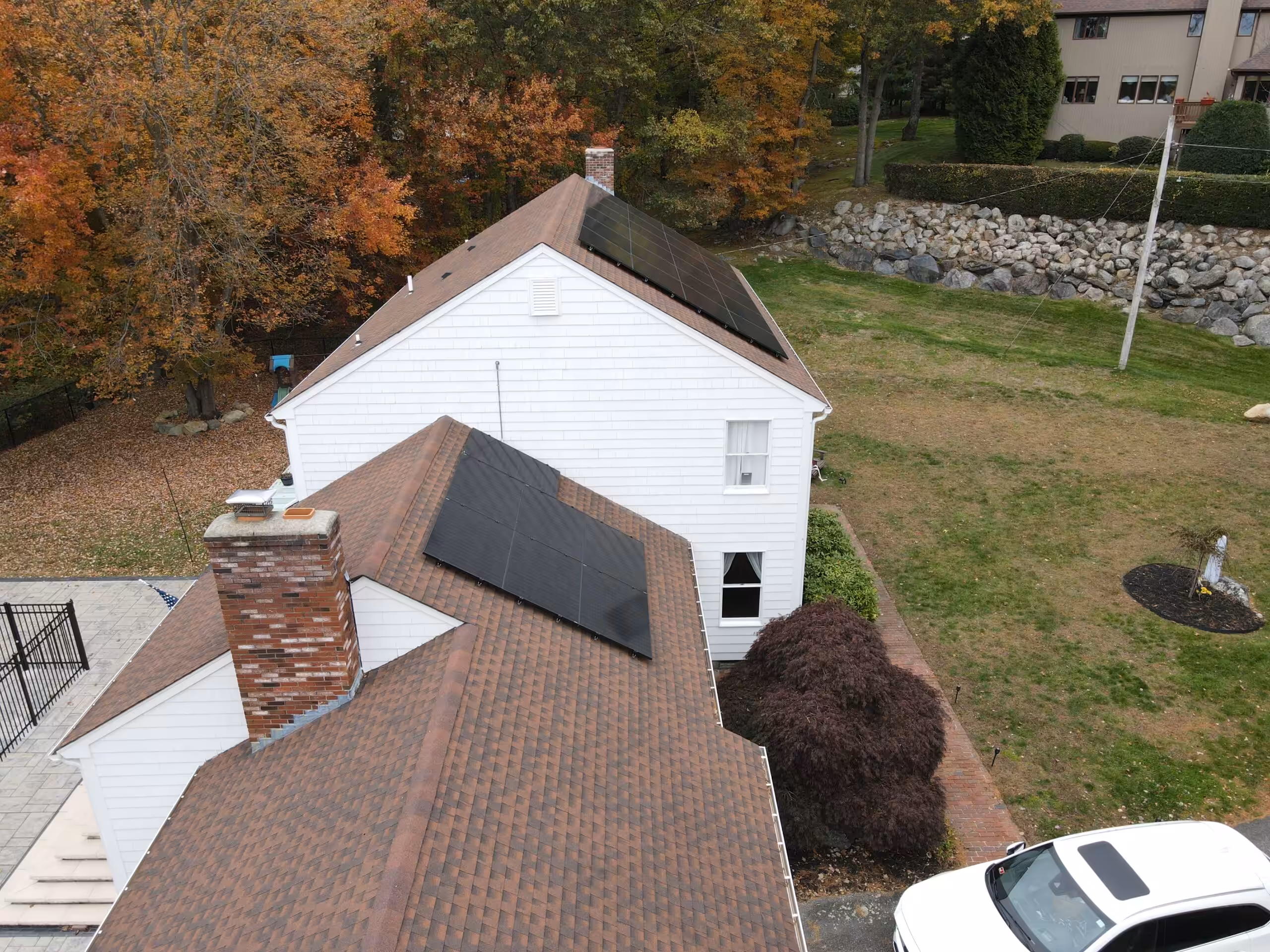 Drone view of residential solar panel system