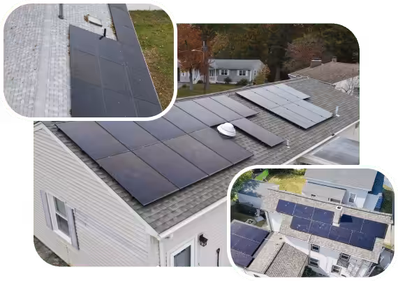 Solar panels installed on residential rooftops, showcasing multiple configurations and maximizing energy generation for homeowners in Massachusetts.