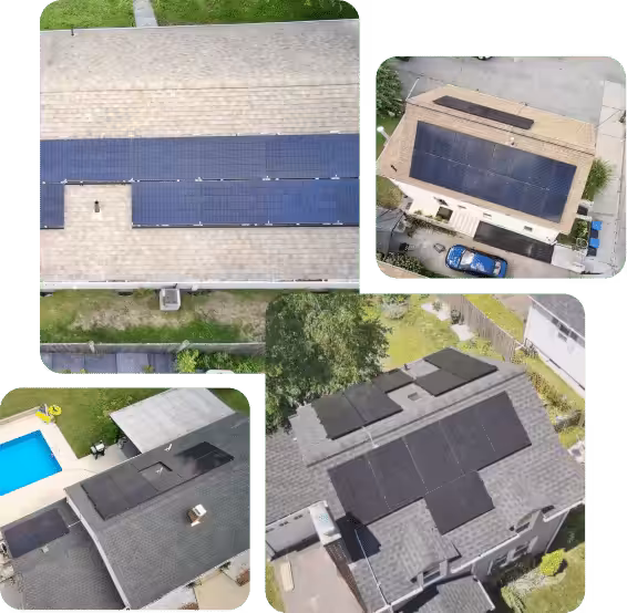 Aerial view of multiple homes in New England with solar panels installed on their roofs, showcasing clean energy solutions for homeowners.