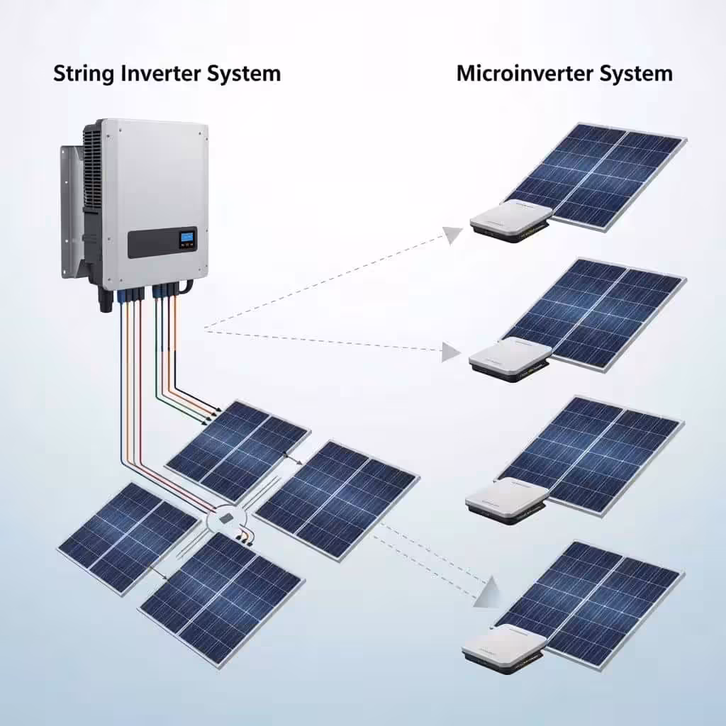 String inverter system with multiple solar panels connected in series and microinverter system with individual solar panels, illustrating differences in solar inverter technology.