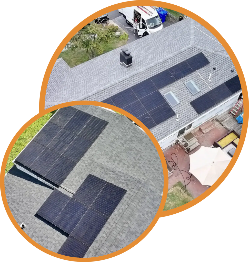 Rooftop solar panels installed on suburban homes, showcasing energy independence and the Sunfinity Power Roof + Solar Bundle for affordable solar energy solutions.