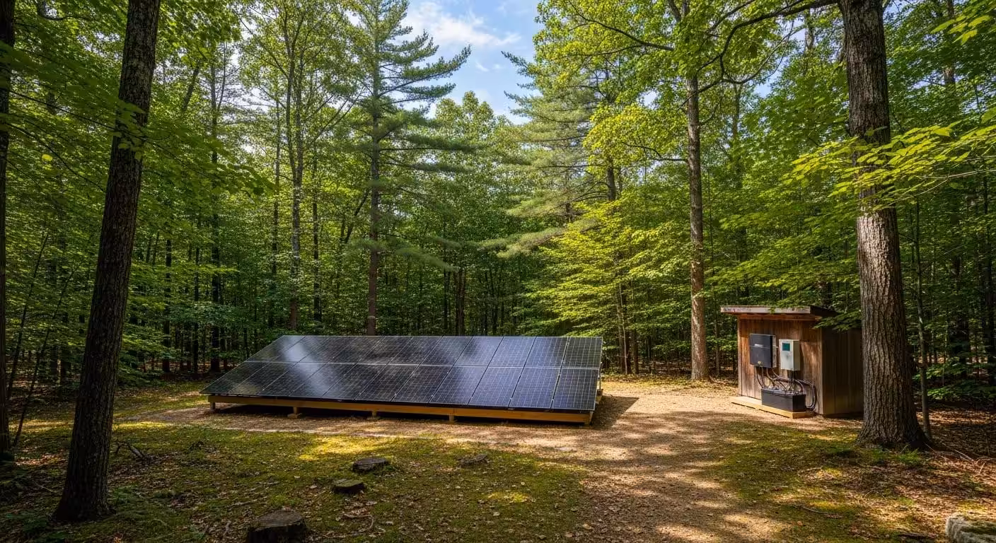New England off-grid black monocrystalline solar panel system installed on a secluded wooded residential property, surrounded by dense forest and natural landscape