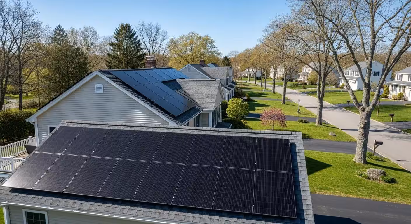 Rhode Island neighborhood with residential home with all black solar panels under bright sunlight