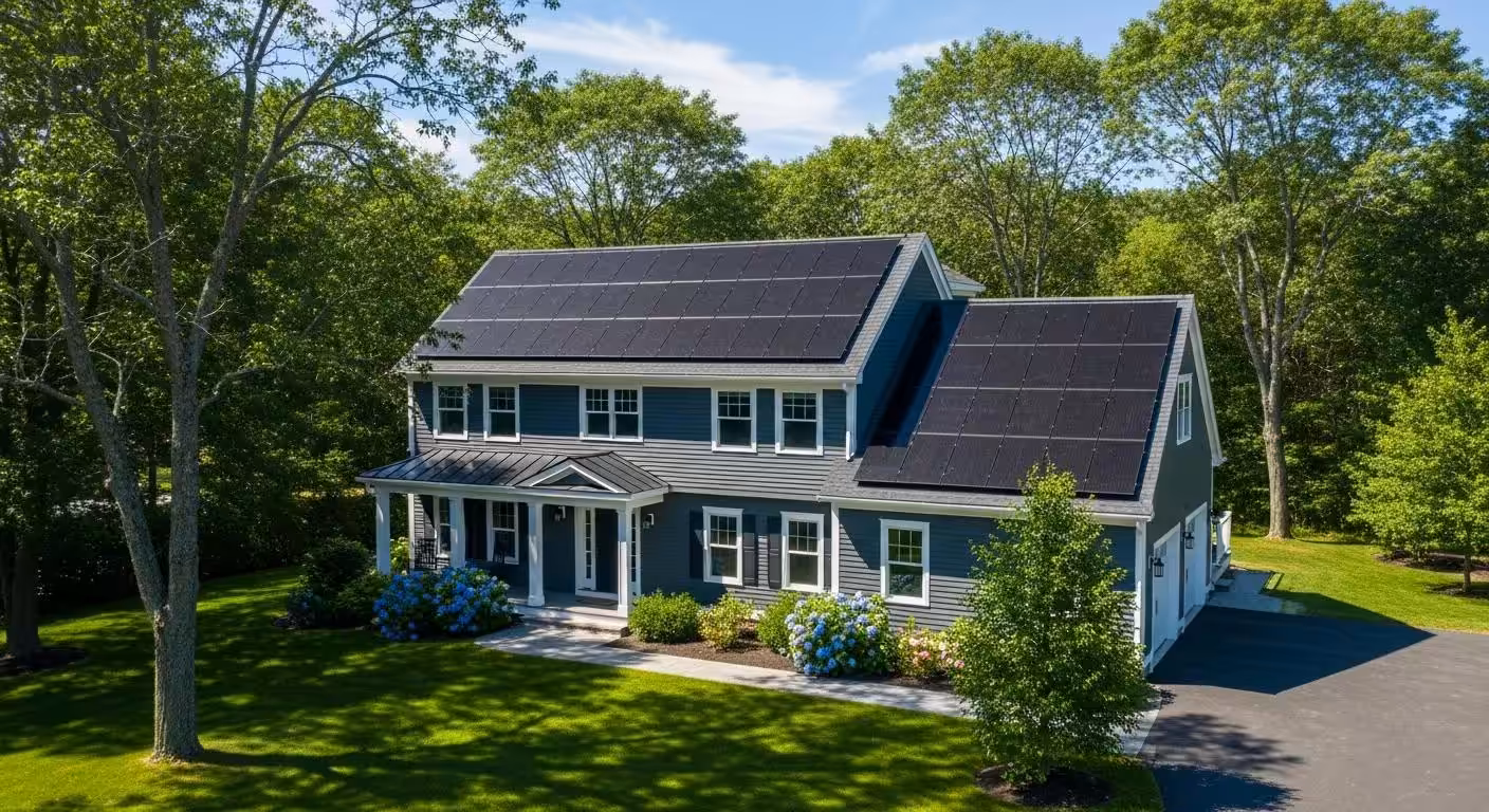 New england suburban home with sleek all black solar panels on the roof, set in a bright sunny landscape