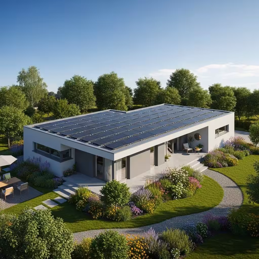 Modern home with solar panels on the roof, showcasing energy efficiency and enhanced property value, surrounded by landscaped gardens and trees.