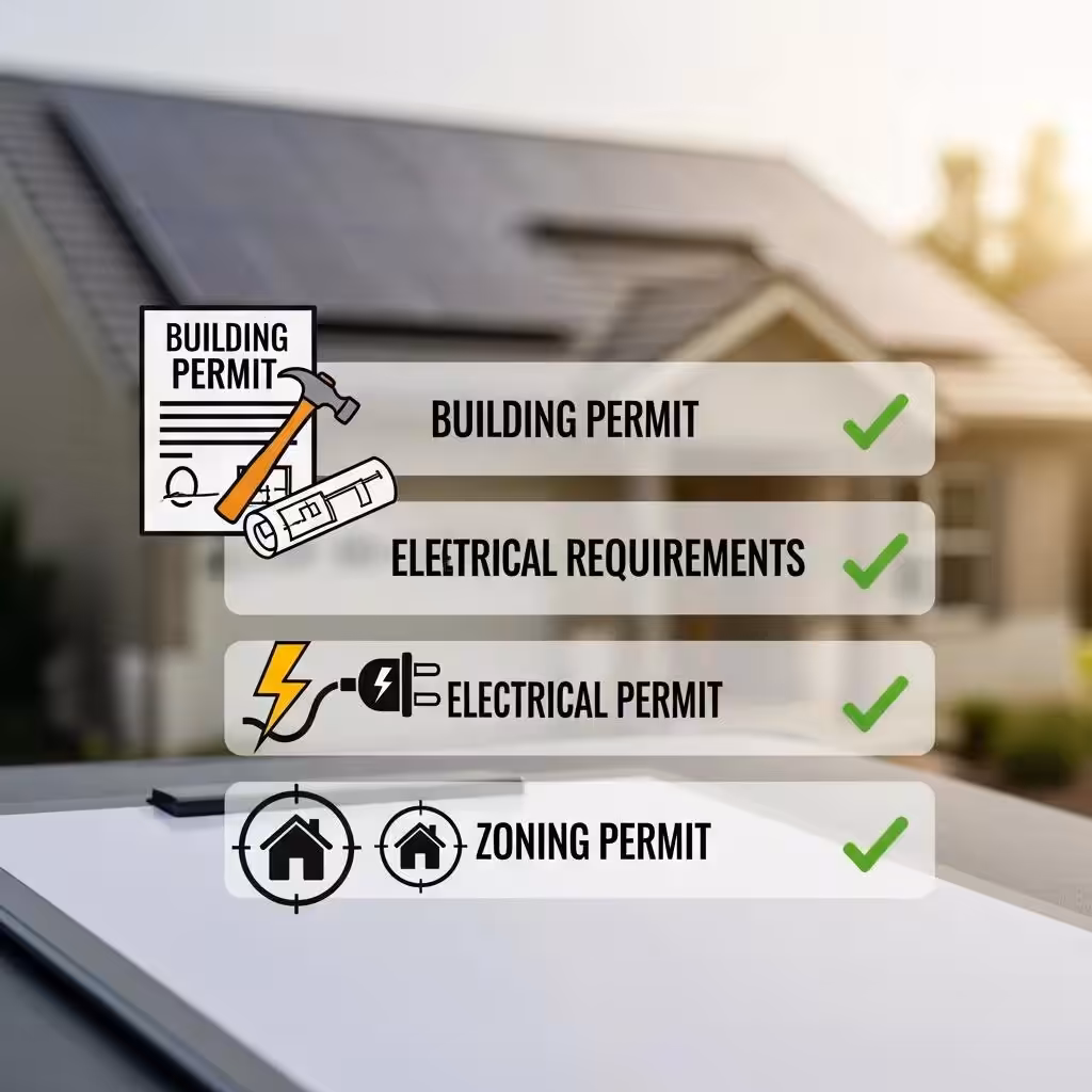 Checklist of essential solar panel permit requirements with a home featuring solar panels, including building permit, electrical permit, and zoning permit icons, highlighting compliance for Massachusetts homeowners.