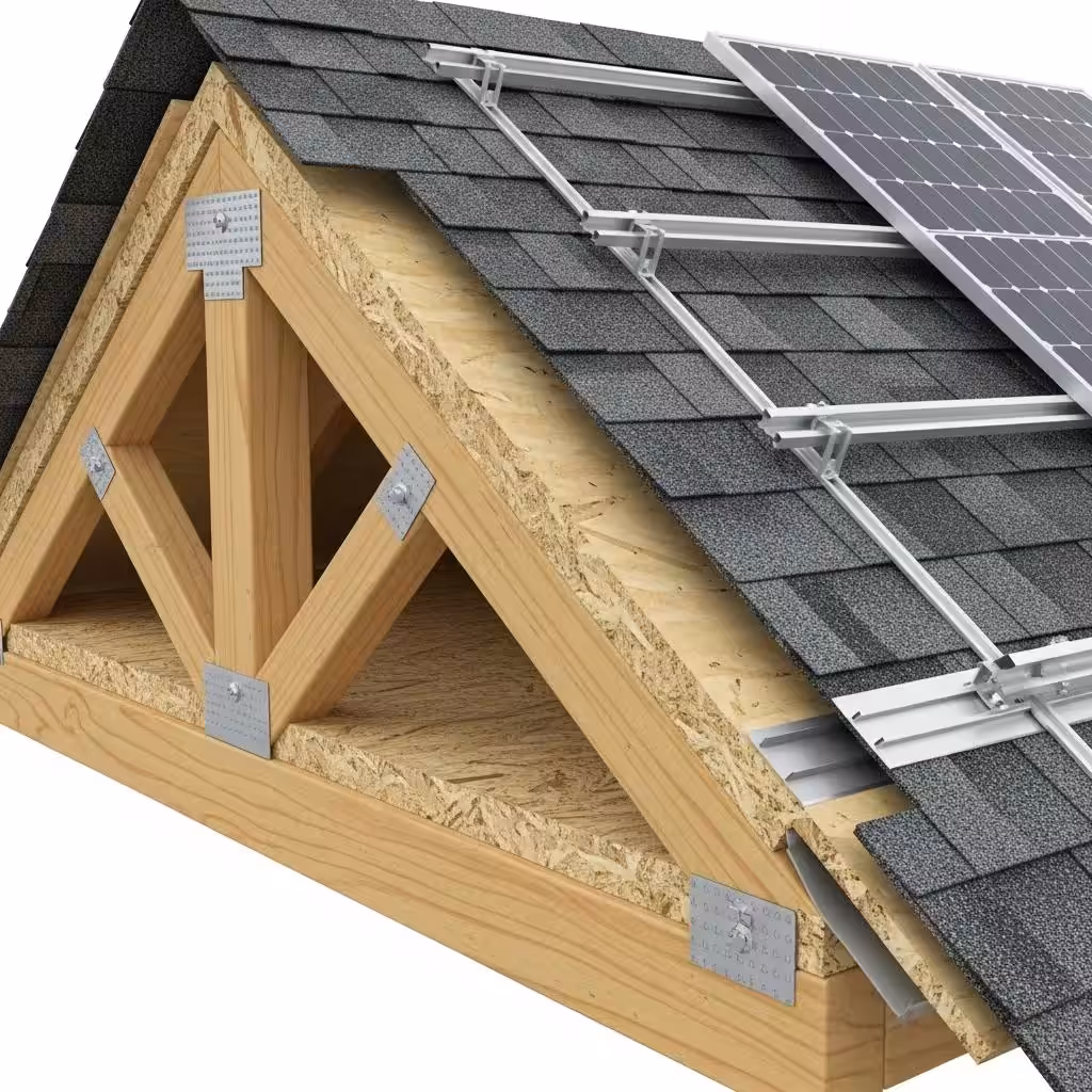 Close-up of a structurally sound roof featuring solar panels, showcasing roofing elements essential for solar readiness, including rafters, decking, and mounting systems.