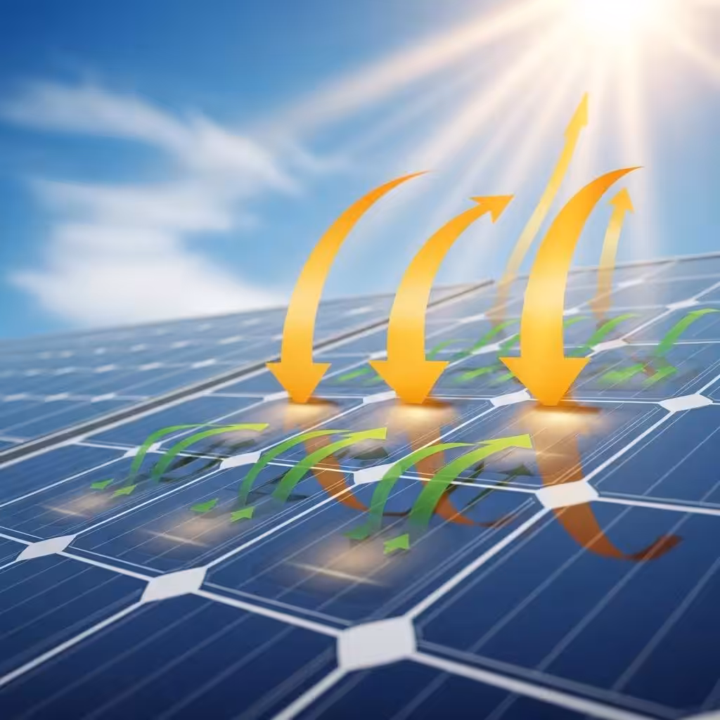 Close-up of photovoltaic cells with sunlight and arrows illustrating the conversion of solar energy into electricity, highlighting the photovoltaic effect and electron movement.