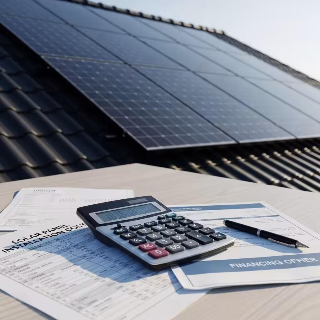 Close-up of solar panels on a roof with financial documents and a calculator, illustrating solar installation costs and financing options.