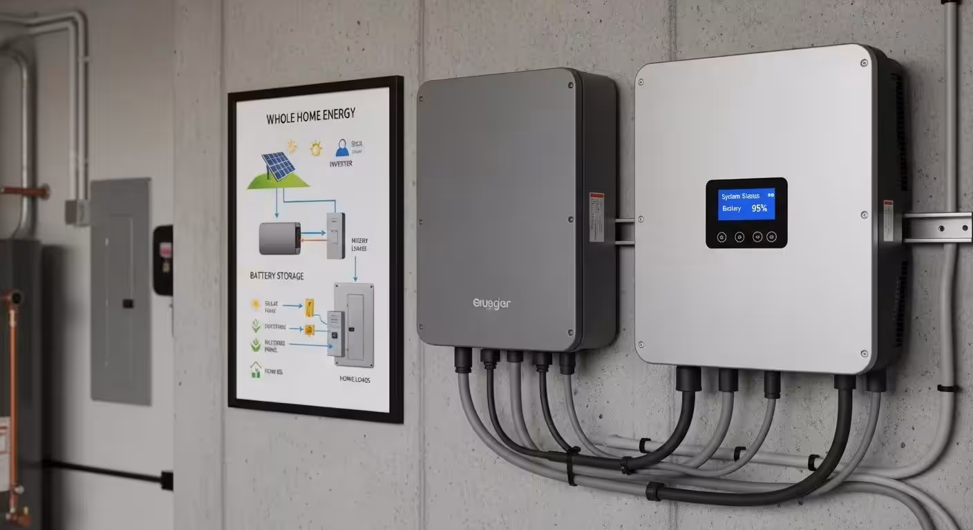 Residential solar battery storage system and inverter installed in a garage for backup power during outages