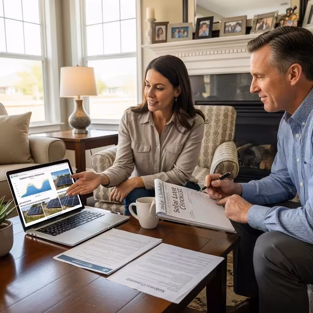 Homeowner and real estate agent discussing solar lease transfer in a cozy living room, reviewing solar panel data on a laptop, with documents and a coffee cup on the table.