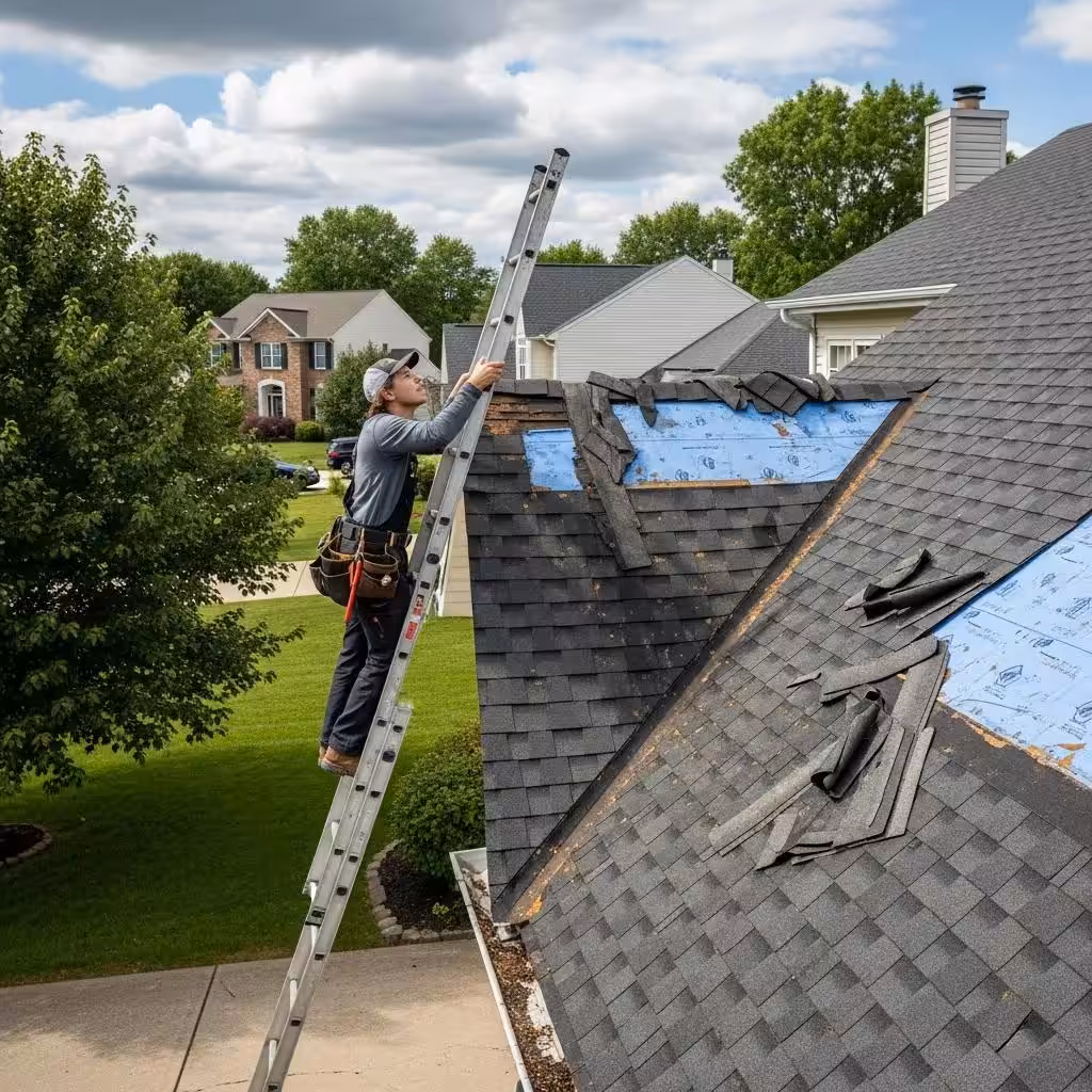 Homeowner inspecting roof condition with ladder, assessing suitability for solar panel installation, featuring shingles and underlayment.