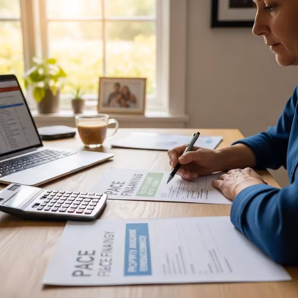 Homeowner reviewing PACE financing documents in a bright home office, emphasizing financial planning for solar energy investments.