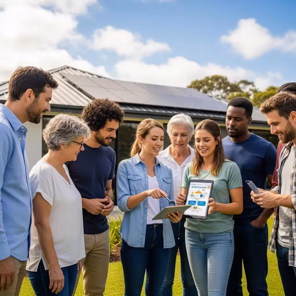 Homeowners discussing solar energy options with a consultant, highlighting solar incentives and savings, in front of a house with solar panels.