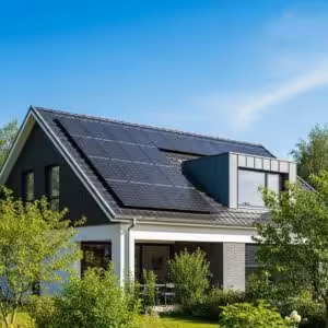 Modern home with solar panels on the roof, emphasizing sustainability and energy efficiency, surrounded by greenery, relevant to solar installation preparation in Massachusetts and Rhode Island.