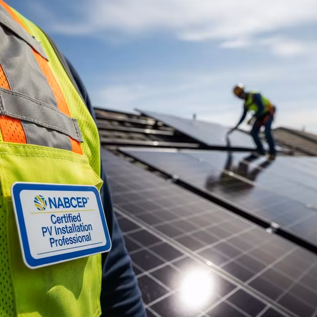 NABCEP certified PV installation professional wearing a safety vest, with solar panels in the background and a fellow installer working on the roof, emphasizing the importance of certification in solar installation.