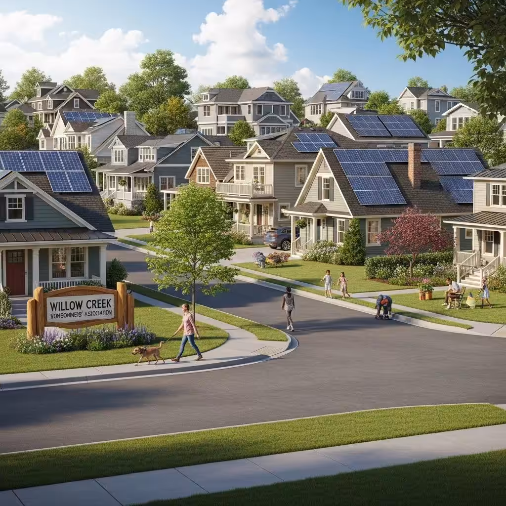 Neighborhood scene with homes featuring solar panels, highlighting HOA regulations, and a sign for Willow Creek Homeowners Association.