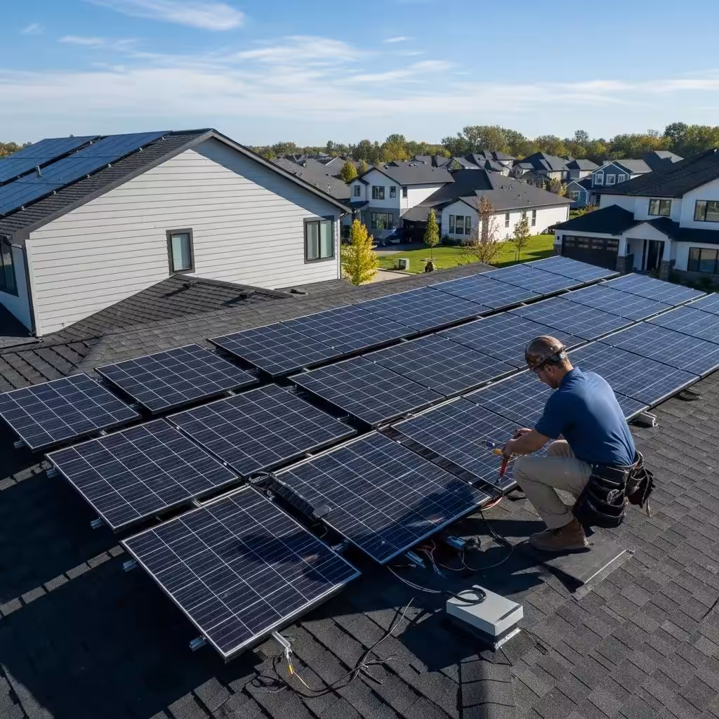 Technician inspecting rooftop solar panel installation on a modern home, showcasing solar energy solutions for homeowners.