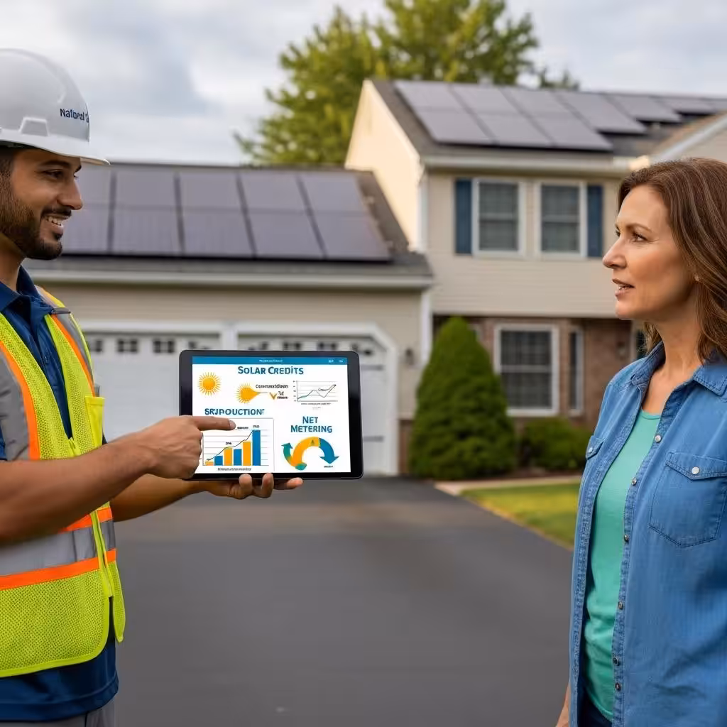 Utility worker explaining solar credits and net metering to homeowner, showcasing solar panel benefits and energy production on tablet in front of house with solar panels.