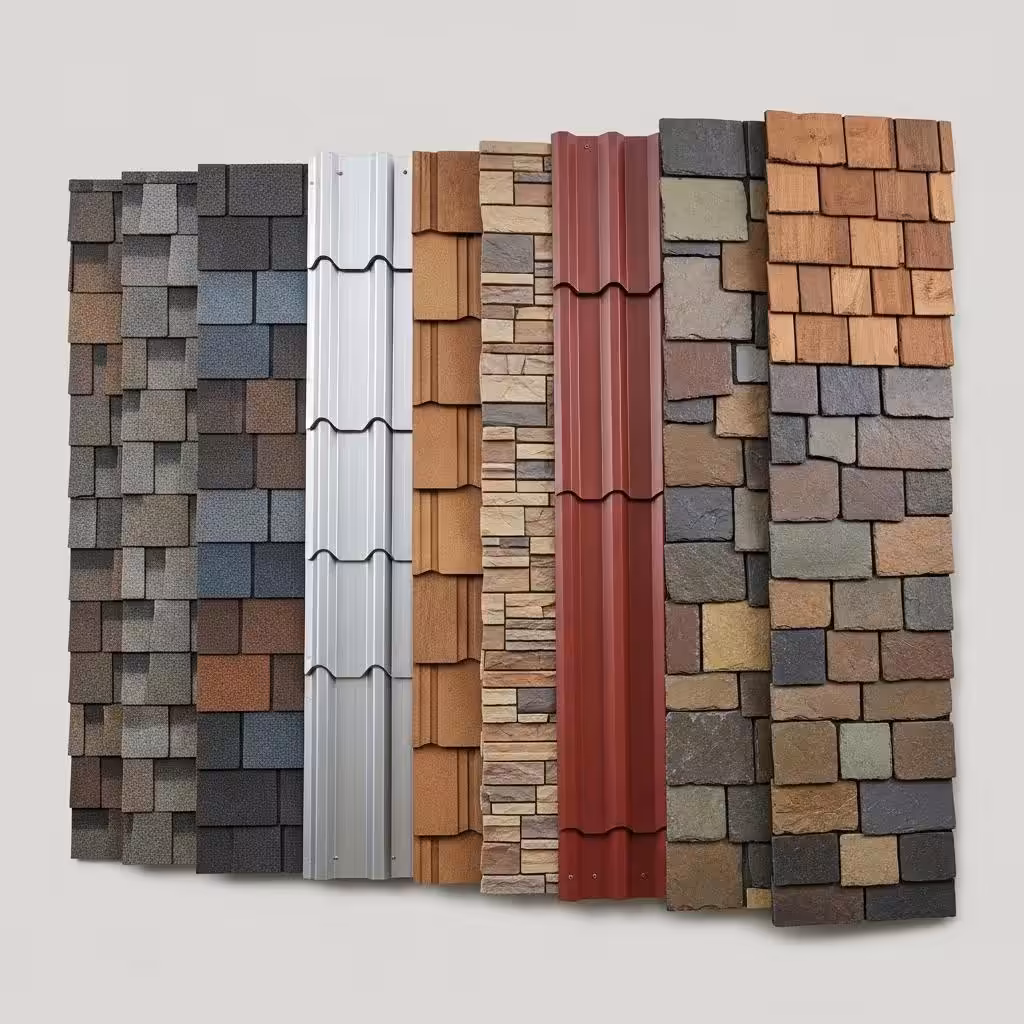 Different roofing materials including asphalt shingles, metal roofing, and synthetic options for residential roof replacement, showcasing a variety of textures and colors.