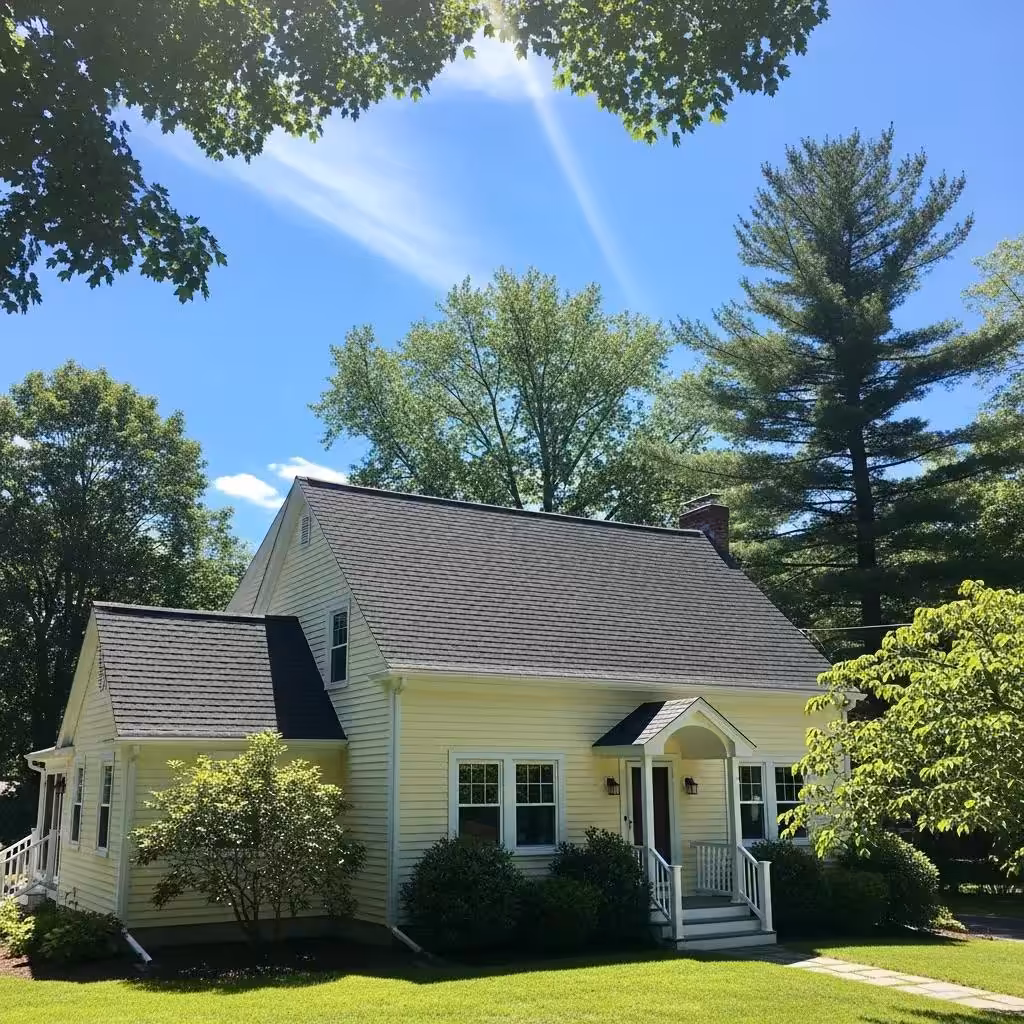 Newly installed roof on a home in Cranston, RI, showcasing energy efficiency and aesthetic appeal, surrounded by greenery and blue sky.