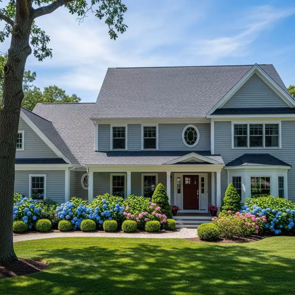 Newly installed architectural shingles on a residential home in Pawtucket, surrounded by vibrant landscaping and flowers, showcasing quality roofing solutions by Sunfinity Power.
