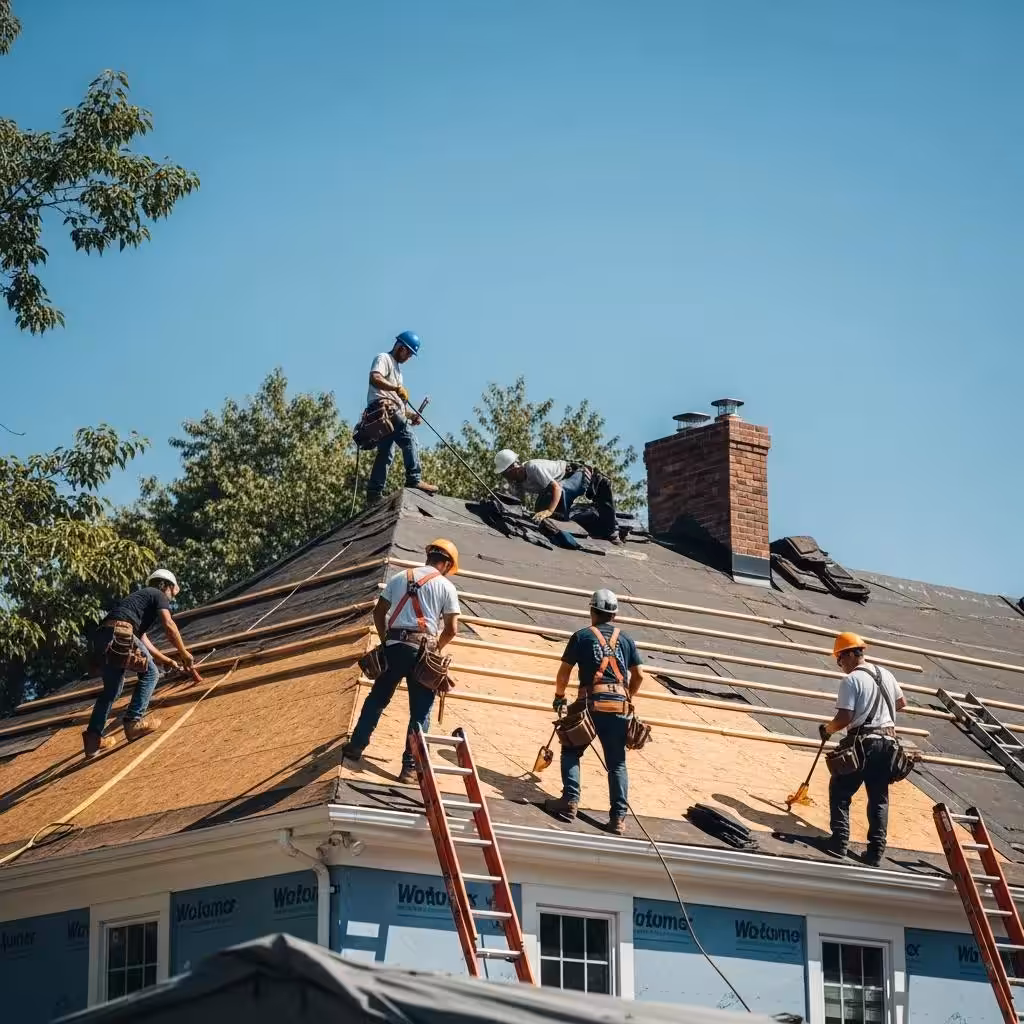 Professional roofers installing a new roof with GAF Timberline shingles in New Haven, CT, showcasing teamwork and safety practices.