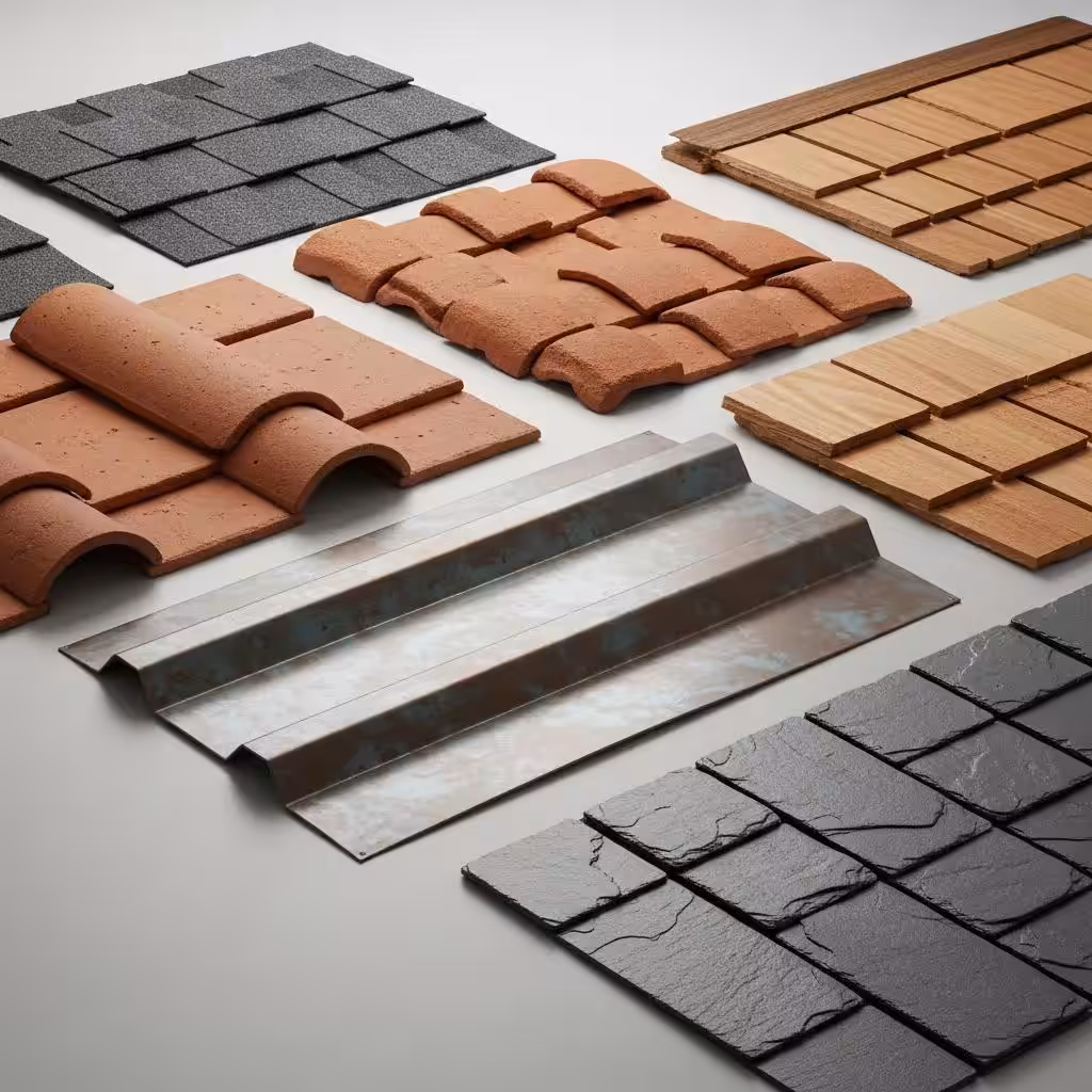 Variety of roofing materials including asphalt shingles, clay tiles, metal roofing, and wooden shakes, showcasing options for residential roofing projects.